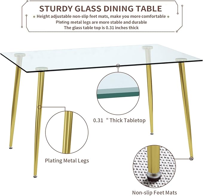 Glass Dining Table for 4 with 51 inch Clear Tempered Glass Top, 0.31" Modern Rectangular Glass Kitchen Table Furniture with 4 Golden Plating Metal Legs for Home Kitchen Room