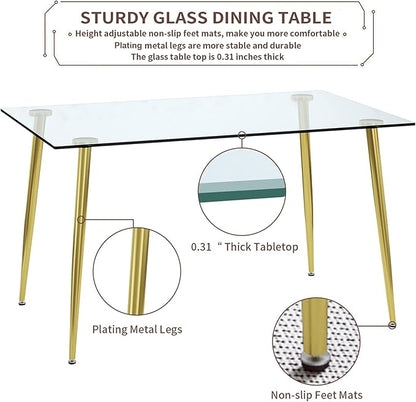 Glass Dining Table for 4 with 51 inch Clear Tempered Glass Top, 0.31" Modern Rectangular Glass Kitchen Table Furniture with 4 Golden Plating Metal Legs for Home Kitchen Room