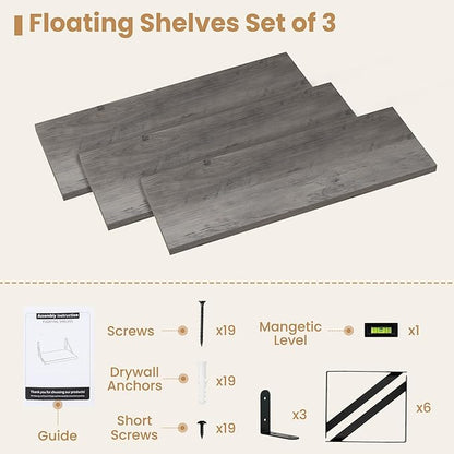 Heimlove Floating Book Shelves for Wall,23.6 Inches Wall Bookshelf Mounted Display&Storage Wood Shelves for Kitchen Bathroom Laundry Living Room,Set of 3,Silver Grey