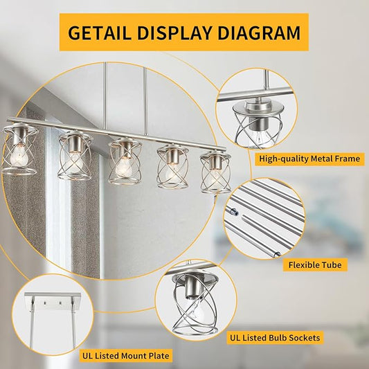 mavcadonf Kitchen Island Light, 5-Light Dining Room Lighting Fixtures Hanging, Farmhouse Linear Pendant Light for Kitchen Island Table Living Room with Adjustable Rods, Brushed Nickel