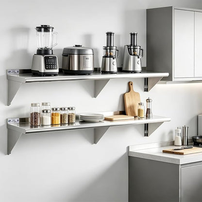 Hally Stainless Steel Shelf Wall Mounted Metal Shelf Wall Shelf 12 x 72 NSF Heavy Duty 345 lb Capacity, Commercial Wall Mounted Storage Rack for Kitchen, Garage, Laundry Room 2 Pack