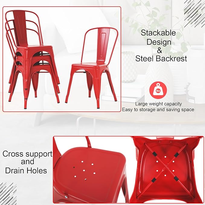 Metal Chairs Set of 4 Stackable Chairs Patio Chairs 18 Inch Seat Height Restaurant Chair Chic Metal Kitchen Dining Chairs Trattoria Chairs Indoor/Outdoor Metal Tolix Side Bar Chairs