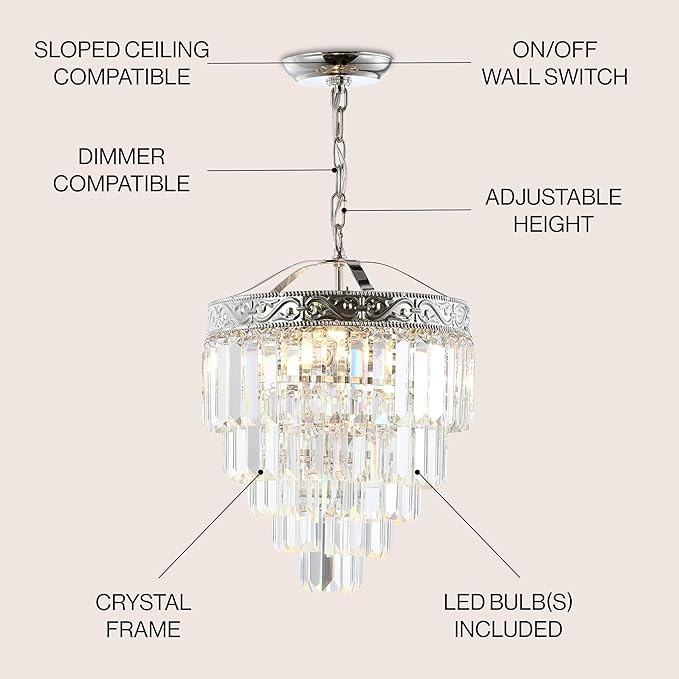 JONATHAN Y 12" Polished Nickel/Clear 2-Light LED Chandelier, Modern Tiered Pendant Light Fixture for Dining Room, Bedroom, Entryway with Clear Faceted Crystal Shade JYL9006A