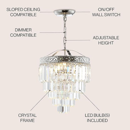 JONATHAN Y 12" Polished Nickel/Clear 2-Light LED Chandelier, Modern Tiered Pendant Light Fixture for Dining Room, Bedroom, Entryway with Clear Faceted Crystal Shade JYL9006A