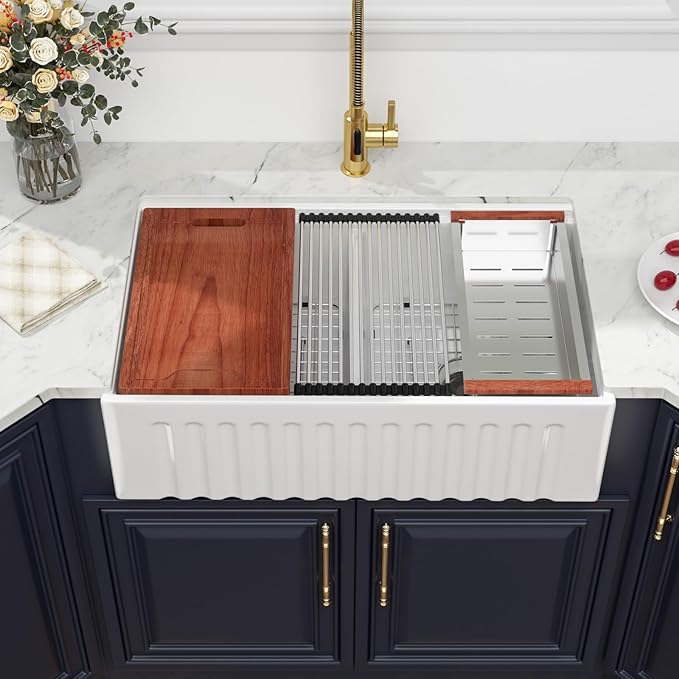 33 White Farmhouse Kitchen Sink Double Bowl - Kichae 33" x 20" Ledge Workstation Fluted Apron Front Ceramic Porcelain Farm Sinks Single Bowl