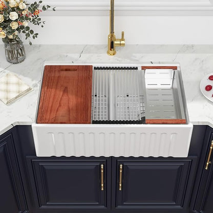 33 White Farmhouse Kitchen Sink Double Bowl - Kichae 33" x 20" Ledge Workstation Fluted Apron Front Ceramic Porcelain Farm Sinks Single Bowl