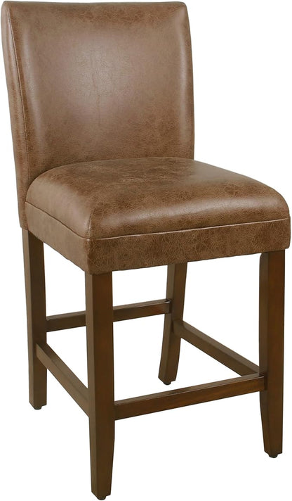 HomePop 24-Inch Counter Height Upholstered Bar Stool, Set of 1, Cognac Brown Faux Leather Seat with Back, Solid Wood Legs, Classic Kitchen Island Counter Height Stool