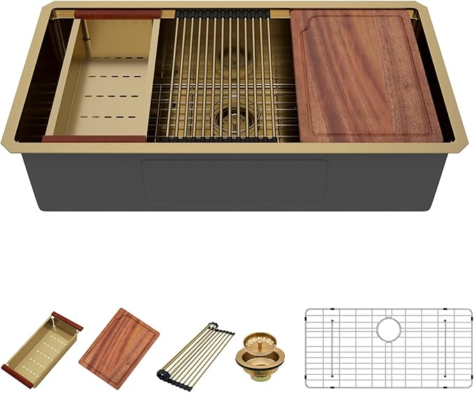 36x19 Undermount Gold Kitchen Sink - Beslend Stainless Steel Ledge Workstation Kitchen Sinks Gold Sink 16 Gauge Single Bowl Underount Basin
