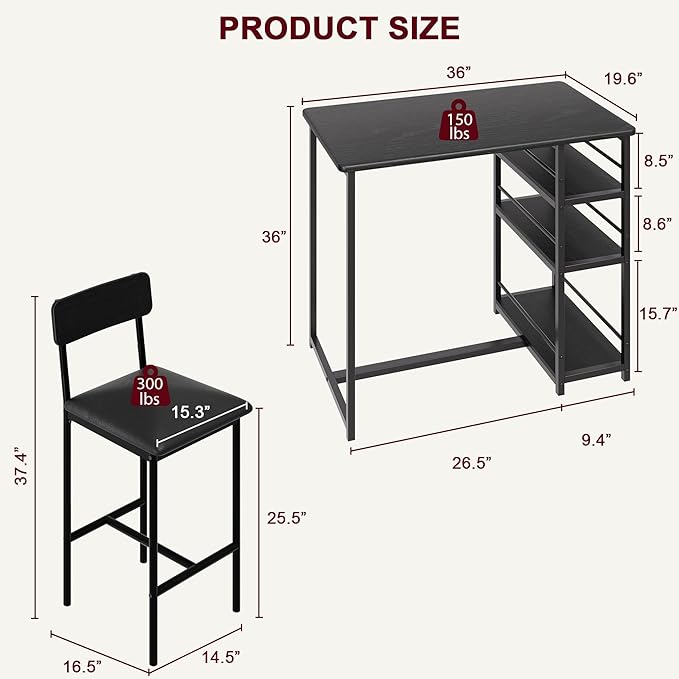 Bar Table and Chair Set with Three Shelves Small 2-Person Dining Table with 2 upholstered stools with backrests Suitable for Restaurants and bistros -Black