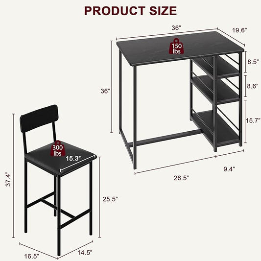 Bar Table and Chair Set with Three Shelves Small 2-Person Dining Table with 2 upholstered stools with backrests Suitable for Restaurants and bistros -Black
