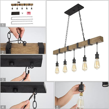 LOG BARN Kitchen Light Fixtures, Farmhouse Chandelier for Kitchen Island in Rustic Faux Wood with Black Wires, 5-Light Pendant Lighting for Dining Room