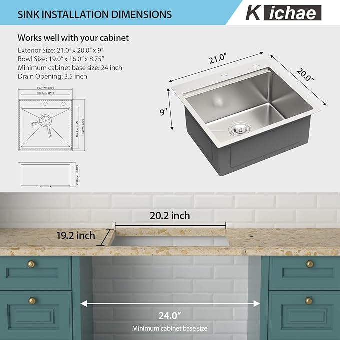 Kichae 21 Drop In Bar Sink- 21x20 Kitchen Sink Stainless Steel 16 Gauge Bar Prep Sinks Small Overmount Topmount Ledge Workstation Single Bowl Handmade Basin with Cutting Bowl