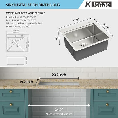 Kichae 21 Drop In Bar Sink- 21x20 Kitchen Sink Stainless Steel 16 Gauge Bar Prep Sinks Small Overmount Topmount Ledge Workstation Single Bowl Handmade Basin with Cutting Bowl