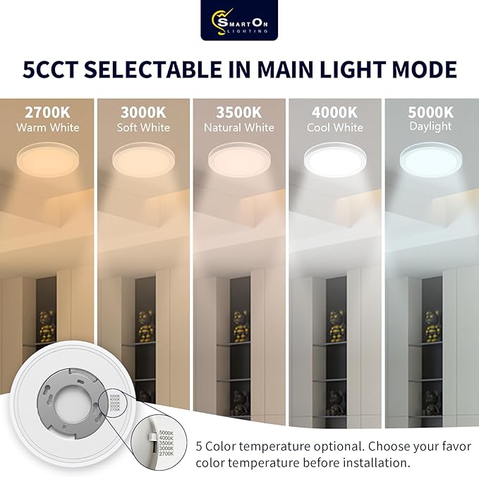 mw 7 Inch LED Flush Ceiling Light with Night Light White, 120V, 15W 2700K/3000K/3500K/4000K/5000K Selectable,Ceiling Lights Flush Mount with Night Light, PMMA Lens, ETL Certified, White, Hard-Wired