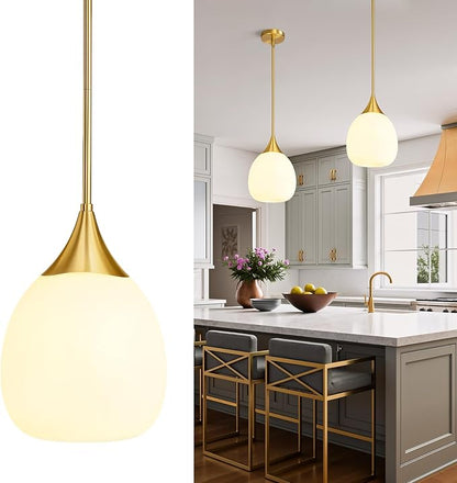 Kitchen Island Pendant Light: Mid Century Brushed Gold Hanging Light Fixtures with Milky Glass Globe - 10 Inch Farmhouse Chandeliers Ceiling Lighting for Dining Room