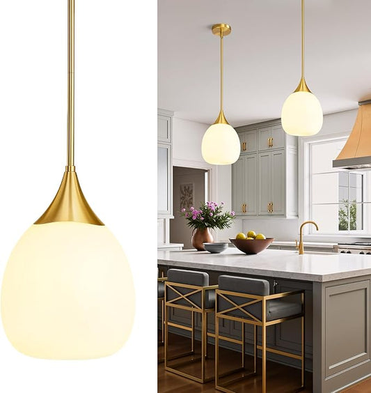 Kitchen Island Pendant Light: Mid Century Brushed Gold Hanging Light Fixtures with Milky Glass Globe - 10 Inch Farmhouse Chandeliers Ceiling Lighting for Dining Room