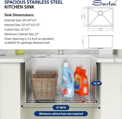 Sarlai Undermount Laundry Sink 24 Inch - 13 Inch Deep Undermount Laundry Utility Sink Single Bowl Kitchen Sinks 16 Gauge Stainless Steel Laundry Tub Sinks Basin