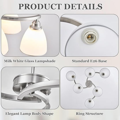 6-Light Brushed Nickel Chandelier Modern Farmhouse Dinner Room Light Fixture with Frosted Glass Lampshade, Rustic Round Adjustable Ceiling Pendant Light for Living Room, Over Table, Kitchen Island