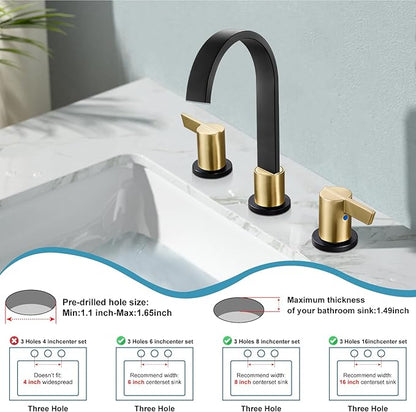 Midanya 8 inch Widespread Bathroom Sink Faucet,Modern Waterfall 3 Hole 2 Handles Bathroom Faucet 8" Vanity Faucets with Pop Up Drain and Water Supply Lines,Matte Black and Brushed Gold Handle