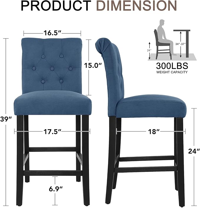 LSSBOUGHT 24 Inches Upholstered Counter Stools, Bar Stools Set of 2, Fabric Counter Stools with Back, Counter Height Bar Chairs with Solid Wood Legs for Home Kitchen Island Dining Room, (2pcs,Blue)