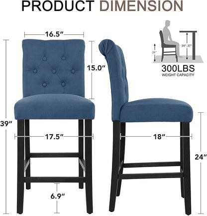 LSSBOUGHT 24 Inches Upholstered Counter Stools, Bar Stools Set of 2, Fabric Counter Stools with Back, Counter Height Bar Chairs with Solid Wood Legs for Home Kitchen Island Dining Room, (2pcs,Blue)