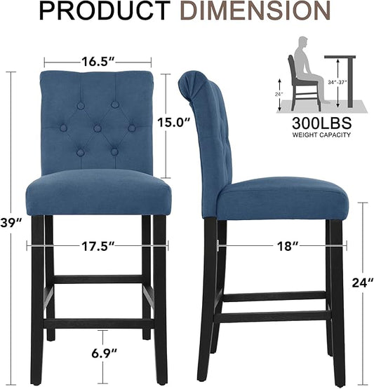 LSSBOUGHT 24 Inches Upholstered Counter Stools, Bar Stools Set of 2, Fabric Counter Stools with Back, Counter Height Bar Chairs with Solid Wood Legs for Home Kitchen Island Dining Room, (2pcs,Blue)
