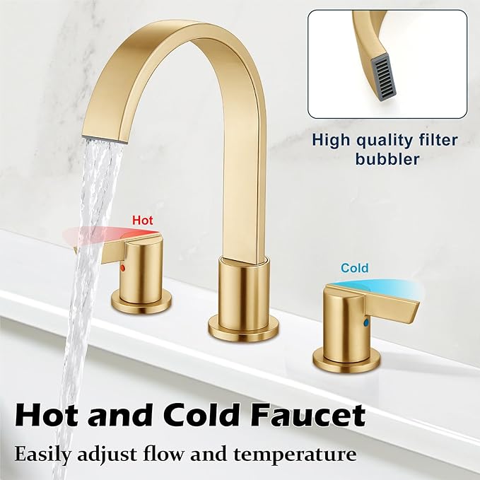 Midanya 8 inch Widespread Bathroom Sink Faucet,Modern Waterfall 3 Hole 2 Handles Bathroom Faucet 8" Vanity Faucets with Pop Up Drain and Water Supply Lines,Gold