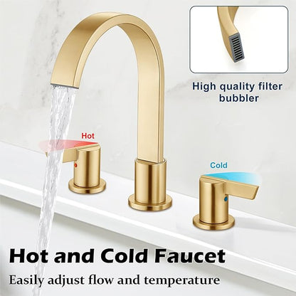 Midanya 8 inch Widespread Bathroom Sink Faucet,Modern Waterfall 3 Hole 2 Handles Bathroom Faucet 8" Vanity Faucets with Pop Up Drain and Water Supply Lines,Gold