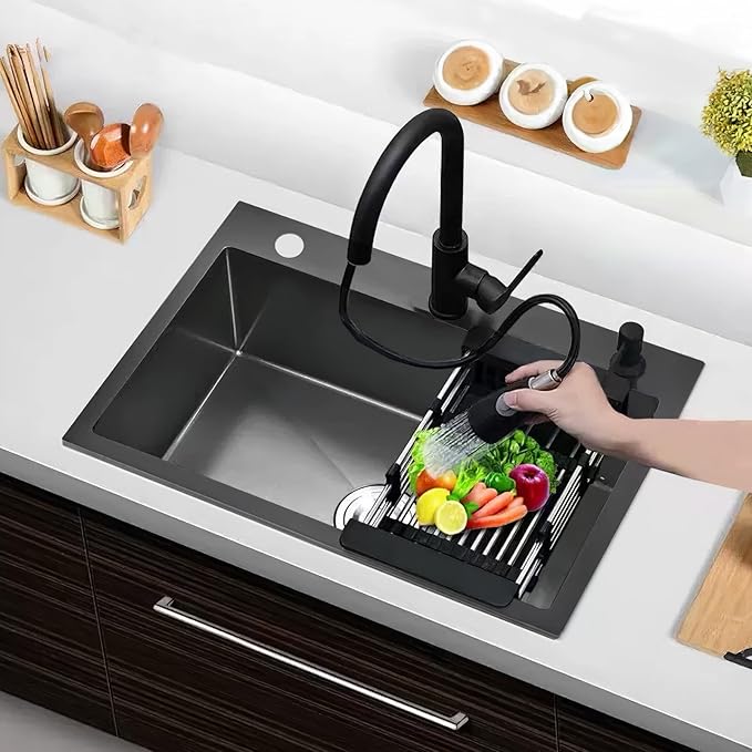 Black Drop in Kitchen Sink, 30x18 Inch Stainless Steel Single Bowl Kitchen Sinks, Topmount 18 Gauge Metal Laundry Sink with Drain Basket and Strainer Mesh Set