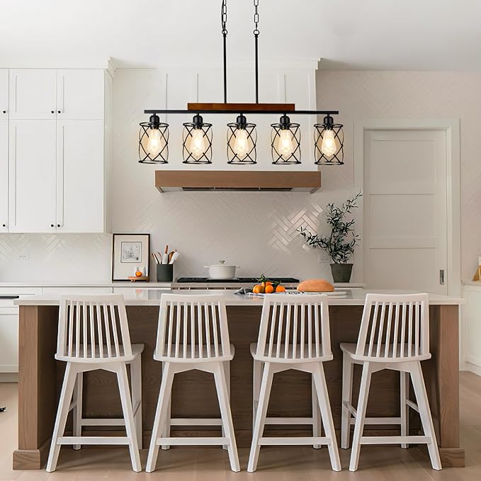 Farmhouse Dining Room Light Fixture: Modern 5-Light Kitchen Island Hanging Lighting with Metal Lampshade, Matte Black Industrial Linear Chandelier Over Table