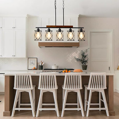 Farmhouse Dining Room Light Fixture: Modern 5-Light Kitchen Island Hanging Lighting with Metal Lampshade, Matte Black Industrial Linear Chandelier Over Table