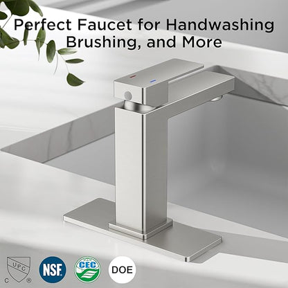 FORIOUS Bathroom Faucets, Single Hole Brushed Nickel Bathroom Faucet with Pop-up Drain, Lead-Free, Single Handle Faucet for Sink, Vanity, RV, Lavatory, Suitable for 1 or 3 Holes