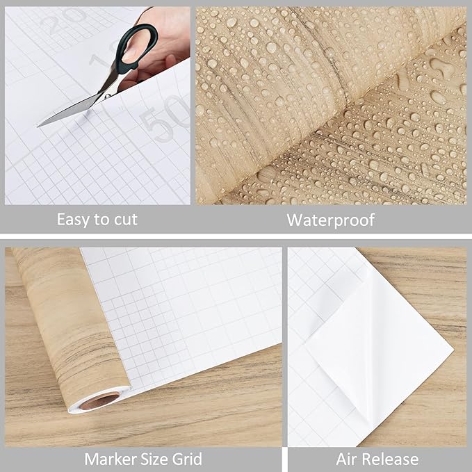 WESTICK Light Wood Contact Paper Peel and Stick Countertops Waterproof Kitchen Countertop Peel and Stick Wood Wallpaper Self Adhesive Wood Grain Contact Paper for Countertops Cabinets 15.75" x 394"