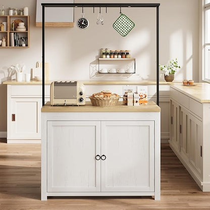 GarveeHome Kitchen Island with Storage 42 in - Heavy Duty Kitchen Cart, Mobile Kitchen Island with 2-Tier Shelves & 5 Hooks, Solid Wood Countertop for Small Spaces (White & Natural)