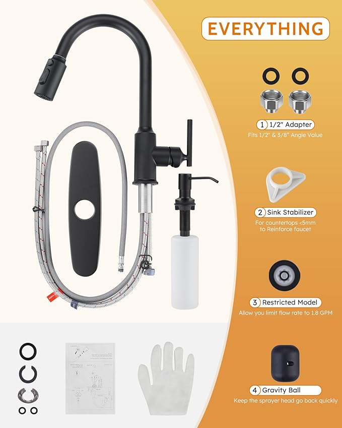WOWOW Kitchen Faucet with Pull Down Sprayer, Matte Black Kitchen Faucet with Sprayer, Stainless Steel High Arc Single Handle Pull Down 3 Hole Black Bar Sink Faucet Kitchen for Rv Sink Faucets Kitchen