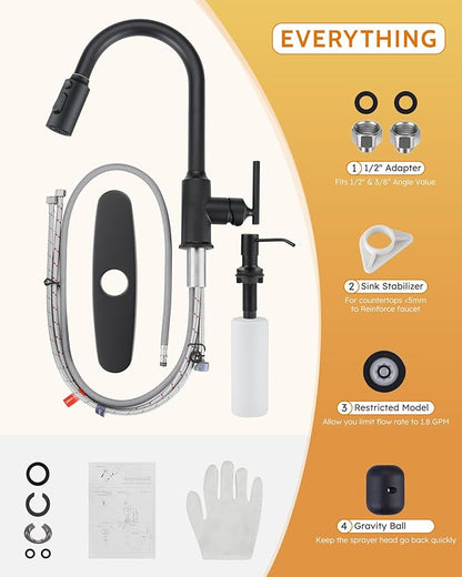 WOWOW Kitchen Faucet with Pull Down Sprayer, Matte Black Kitchen Faucet with Sprayer, Stainless Steel High Arc Single Handle Pull Down 3 Hole Black Bar Sink Faucet Kitchen for Rv Sink Faucets Kitchen