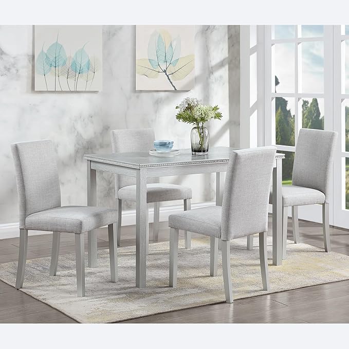 Ball & Cast Upholstered Dining-Room Chairs Set of 4, Kitchen Island Chair with Linen Padded Seat & Silver Wood Legs, 4pcs Modern Armless Side-Chair for Dining, Gray