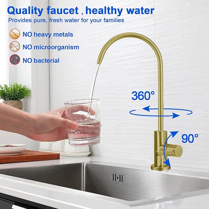 Drinking Water Faucet - Long Thread Stem Filtered Water Tap for Thick Countertop,Lead-Free RO Faucet with Hose and Quick Connect Fittings(Matte Gold-Flat Top)