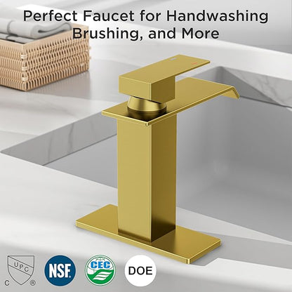 FORIOUS Gold Bathroom Faucet, Modern Waterfall Bathroom Sink Faucets 1 or 3 Hole Single Handle with Deck Plate and Drain, Suitable for Vanity Rv Camper Commerical