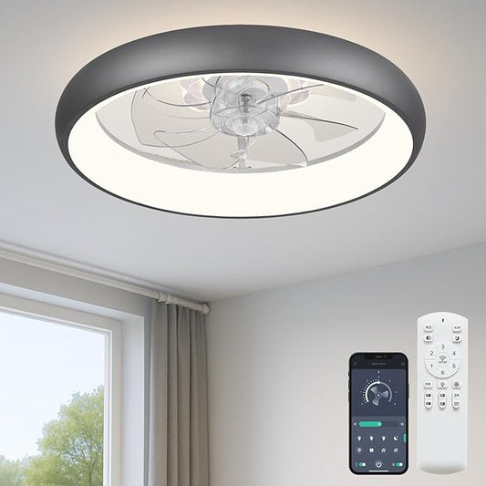 Fszdorj 20'' Ceiling Fan with Light, Upgraded Low Profile Fan, Flush Mount Ceiling Fan, 6 Speeds, Dimmable LED, App & Remote Control, Quiet DC Motor, for Bedroom, Living Room, F109 Grey
