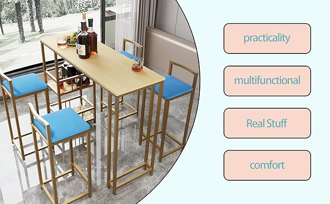 5-Piece Bar Height Table and Chairs Set - Gold Frame Bar Table with Storage & Sponge-Cushioned Chairs,Kitchen Table, Kitchen Island Seating, or Dining Table Set (Gold,Light Beige,Navy Multi)