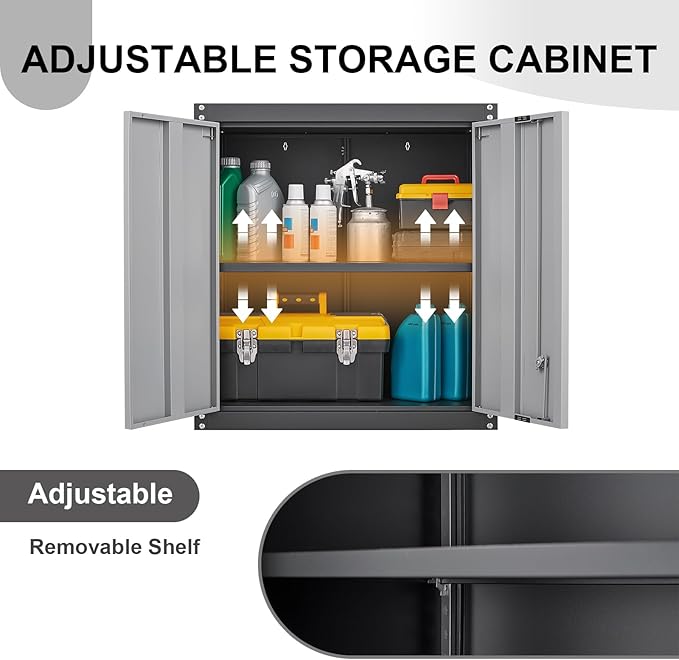 Metal Wall Mounted Garage Cabinets, Heavy Duty Steel Locking Cabinet with Doors & 2 Keys, Garage Storage Cabinet with Adjustable Floating Shelf for Shop, Utility Room, Office, Black & Grey