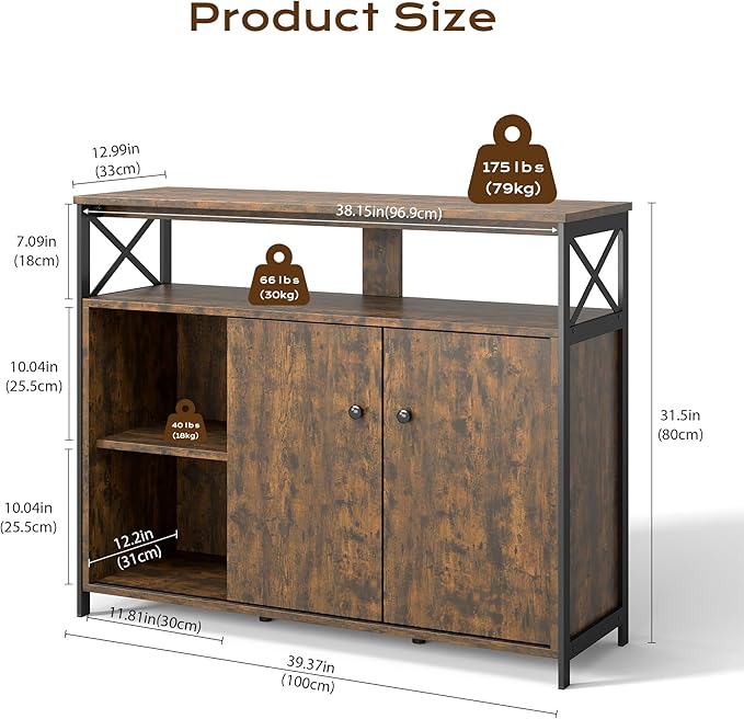 MWOOD Buffet Sideboard Cabinet with Storage, Farmhouse Sideboard Kitchen Buffet TV Console with Sliding Door and Open Shelves for Living Room Entryway, Rustic Brown, 39.4" W x 13" D x 31.5" H