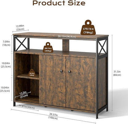 MWOOD Buffet Sideboard Cabinet with Storage, Farmhouse Sideboard Kitchen Buffet TV Console with Sliding Door and Open Shelves for Living Room Entryway, Rustic Brown, 39.4" W x 13" D x 31.5" H