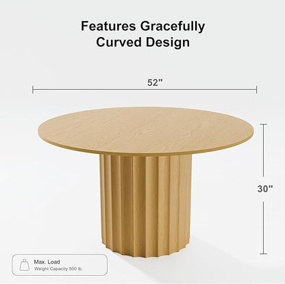 Casaphoria 52" Round Dining Table, Modern Wood Kitchen Table with Cylindrical Wide Bar Concave Base for Living Room & Dining Room, Easy Assembly Farmhouse Furniture for 4-6, Oak