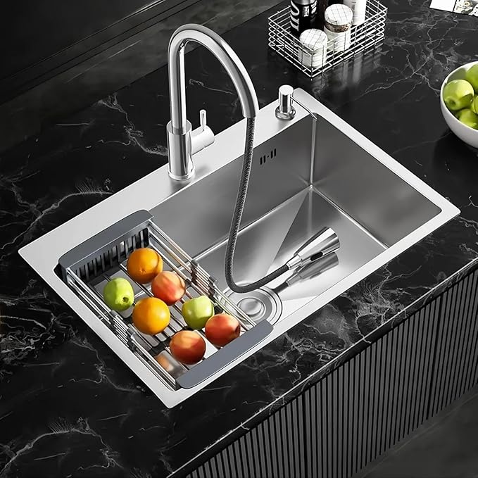24-inch Single Bowl Kitchen Sink, Drop-in/Top-Mount Stainless Steel with Nano Coating, Includes Drain Kit & Fruit Basket, 24"x18"x8"