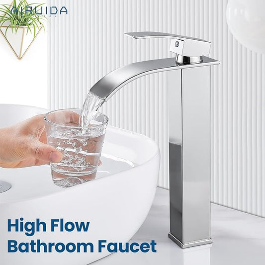 Airuida Tall Bathroom Vessel Faucet Chrome Polish Waterfall Bathroom Single Handle Single Hole Deck Mount Bowl Mixer Tap with Large Waterfall Spout Bar Sink Faucet Lavatory Vanity