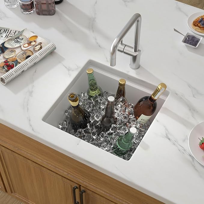 18 White Undermount Bar Sink- 18x18 Under Counter Wet Bar Prep Sink Granite Composite Quartz Workstation Sinks Quartz Natural Stone Not Easily Stained Single Bowl Small Kitchen Sinks