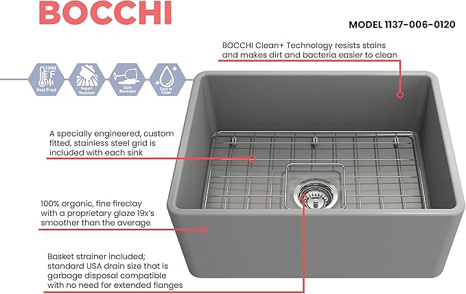 BOCCHI Classico Farmhouse Apron Front Fireclay 24 in. Single Bowl Kitchen Sink with Protective Bottom Grid and Strainer in M.Gray
