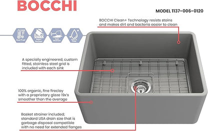 BOCCHI Classico Farmhouse Apron Front Fireclay 24 in. Single Bowl Kitchen Sink with Protective Bottom Grid and Strainer in M.Gray